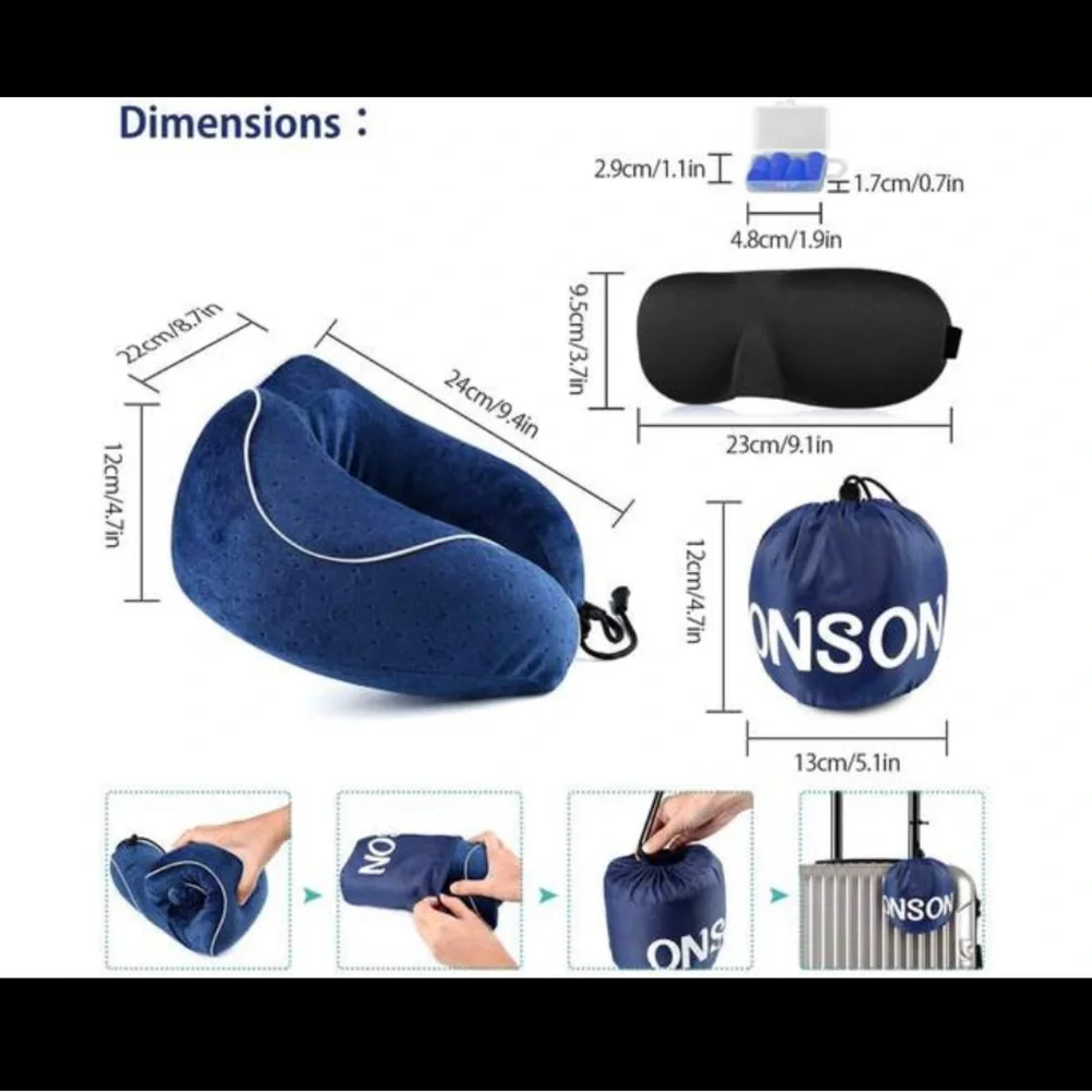 NWT ONSON Travel Pillow, Eye Mask, fEar Plugs w Travel Bag, 100% PURE MEMORY FOA